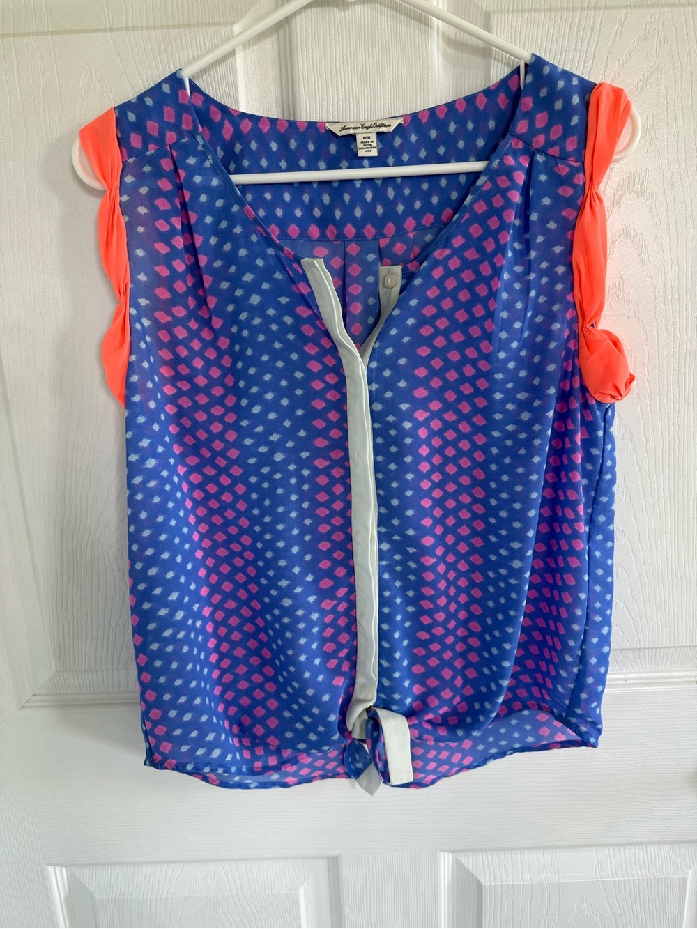 Y2K American Eagle Top M Blue Pink Neon Sheer Blouse Indie Sleaze 2013